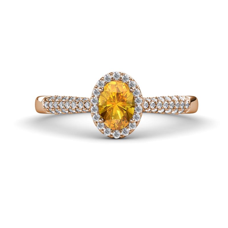 Emily Classic Oval Cut Citrine and Round Diamond Micro Pave Tapered Shank Halo Engagement Ring 