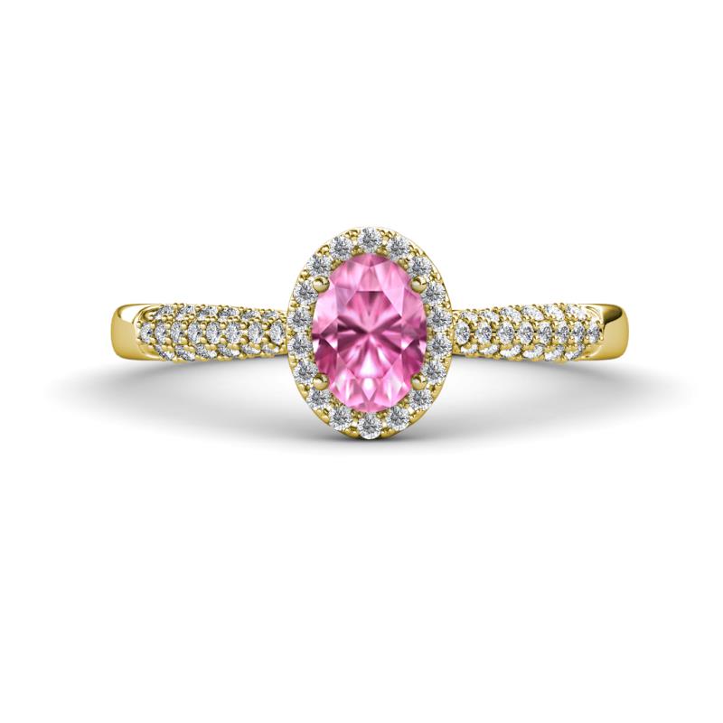 Emily Classic Oval Cut Pink Sapphire and Round Diamond Micro Pave Tapered Shank Halo Engagement Ring 
