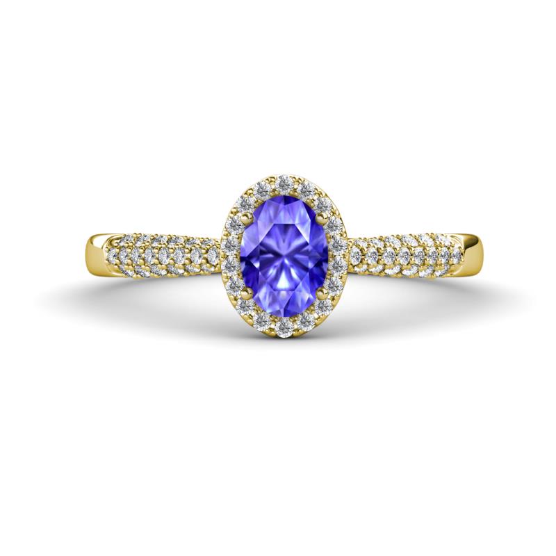 Emily Classic Oval Cut Tanzanite and Round Diamond Micro Pave Tapered Shank Halo Engagement Ring 