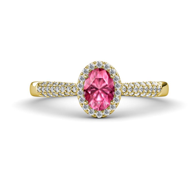 Emily Classic Oval Cut Pink Tourmaline and Round Diamond Micro Pave Tapered Shank Halo Engagement Ring 