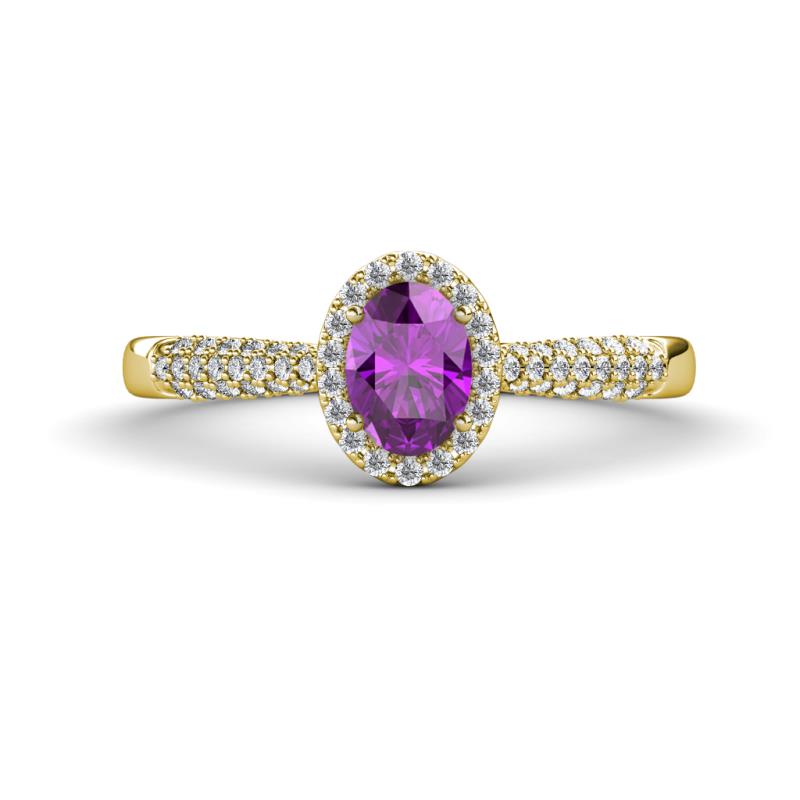 Emily Classic Oval Cut Amethyst and Round Diamond Micro Pave Tapered Shank Halo Engagement Ring 