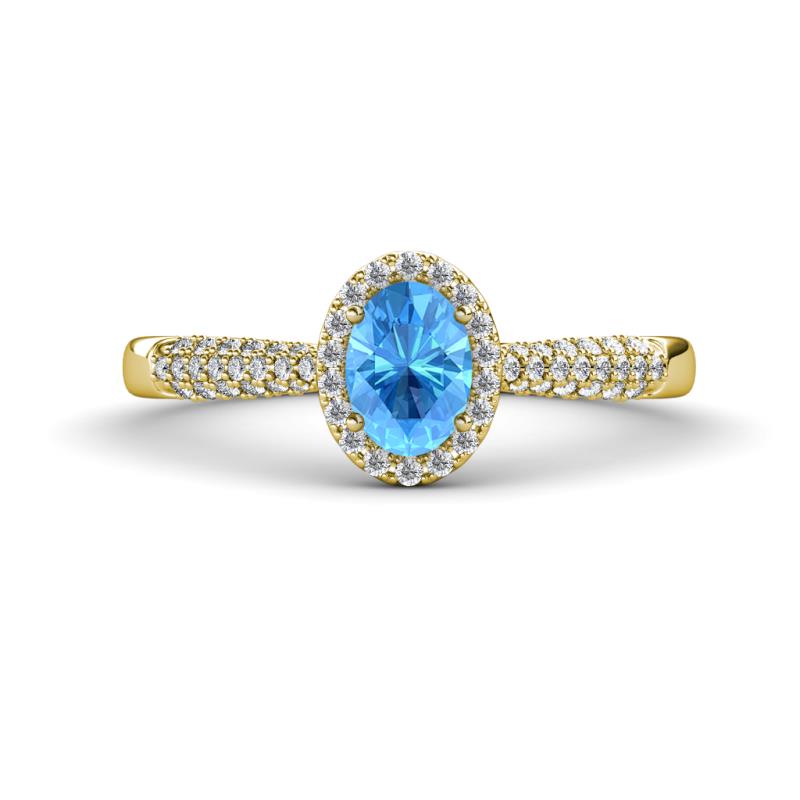 Emily Classic Oval Cut Blue Topaz and Round Diamond Micro Pave Tapered Shank Halo Engagement Ring 