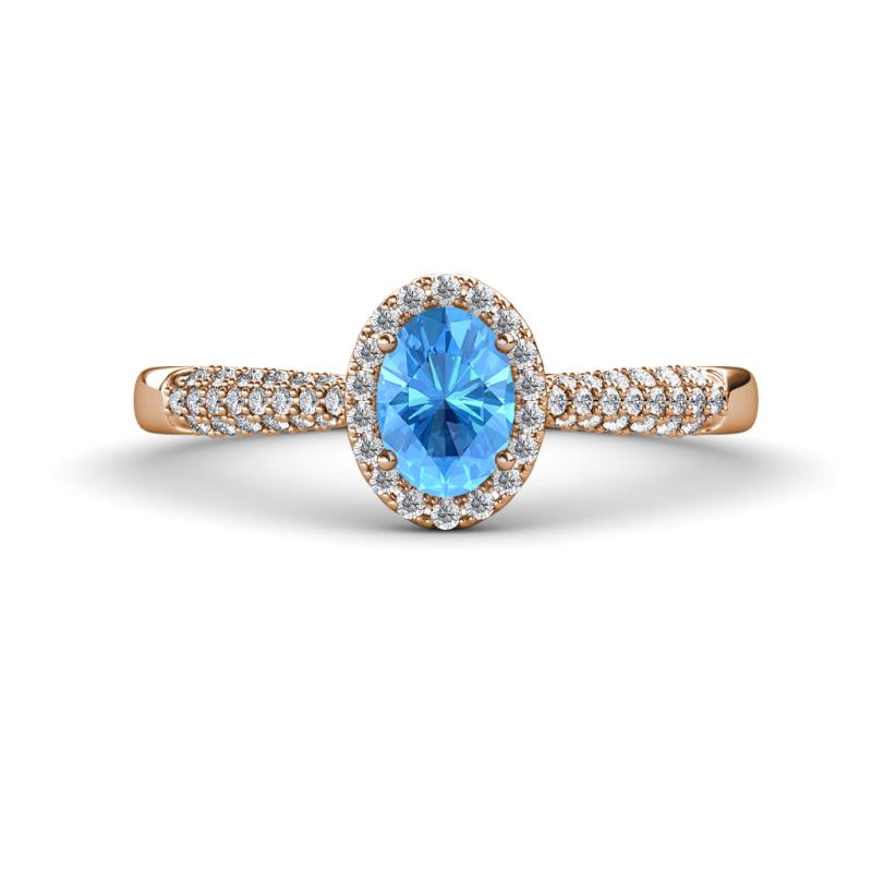 Emily Classic Oval Cut Blue Topaz and Round Diamond Micro Pave Tapered Shank Halo Engagement Ring 