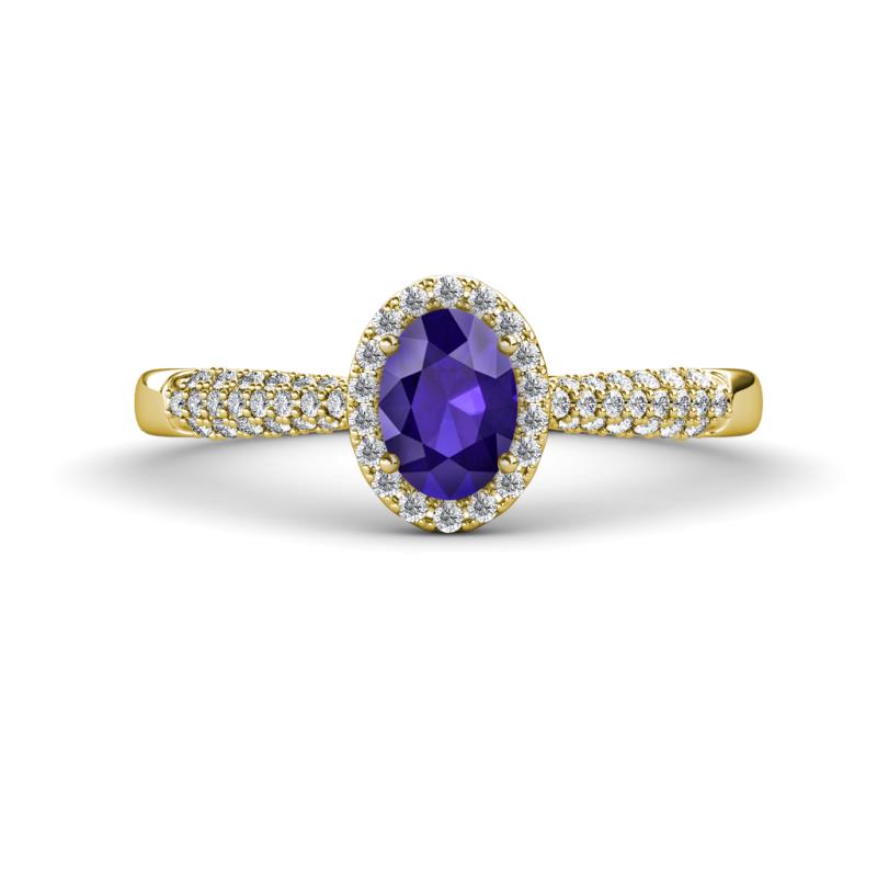 Emily Classic Oval Cut Iolite and Round Diamond Micro Pave Tapered Shank Halo Engagement Ring 