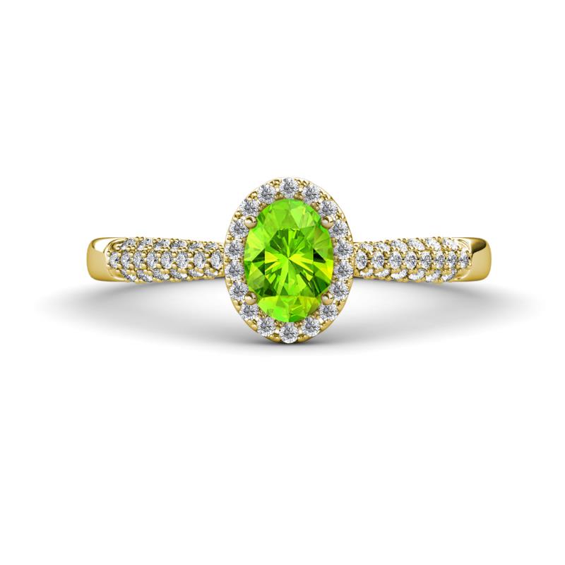 Emily Classic Oval Cut Peridot and Round Diamond Micro Pave Tapered Shank Halo Engagement Ring 