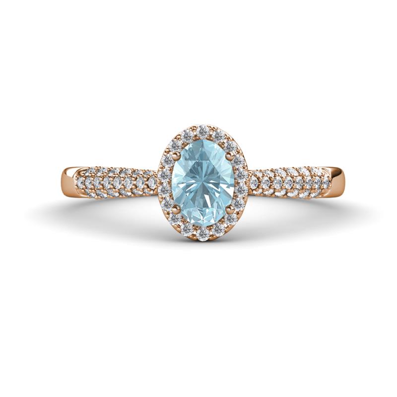 Emily Classic Oval Cut Aquamarine and Round Diamond Micro Pave Tapered Shank Halo Engagement Ring 