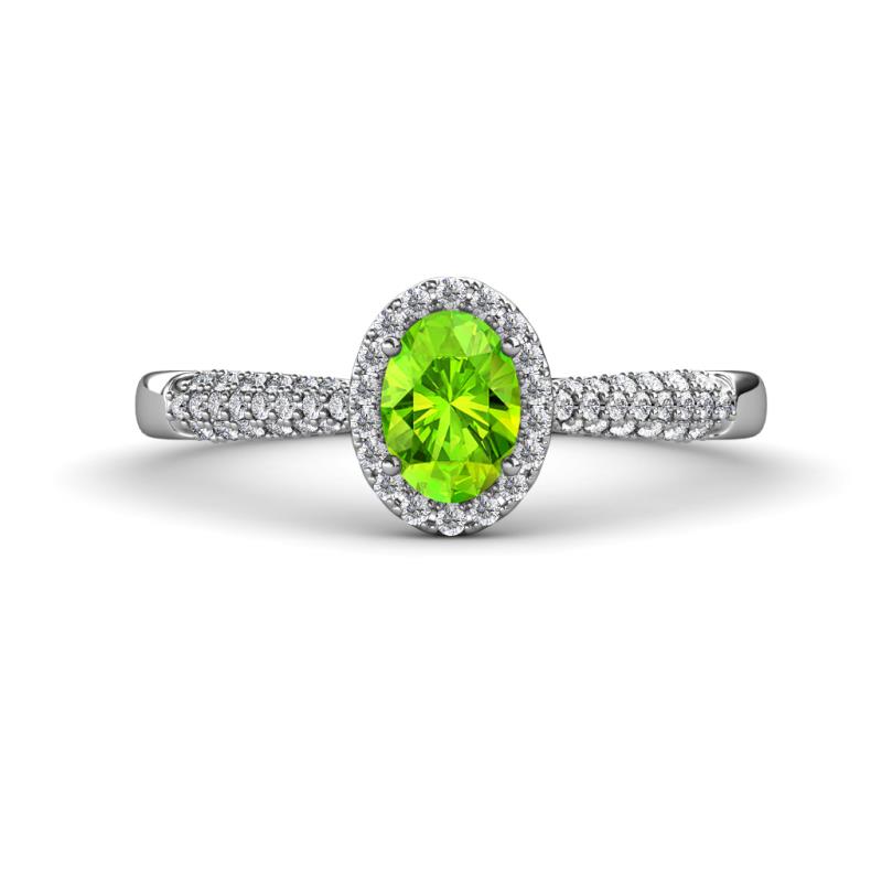 Emily Classic Oval Cut Peridot and Round Diamond Micro Pave Tapered Shank Halo Engagement Ring 