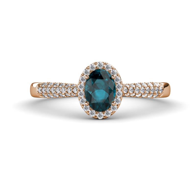 Emily Classic Oval Cut London Blue Topaz and Round Diamond Micro Pave Tapered Shank Halo Engagement Ring 