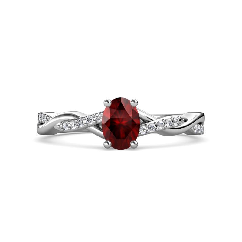 Stacie Desire Oval Cut Red Garnet and Round Lab Grown Diamond Twist Infinity Shank Engagement Ring 