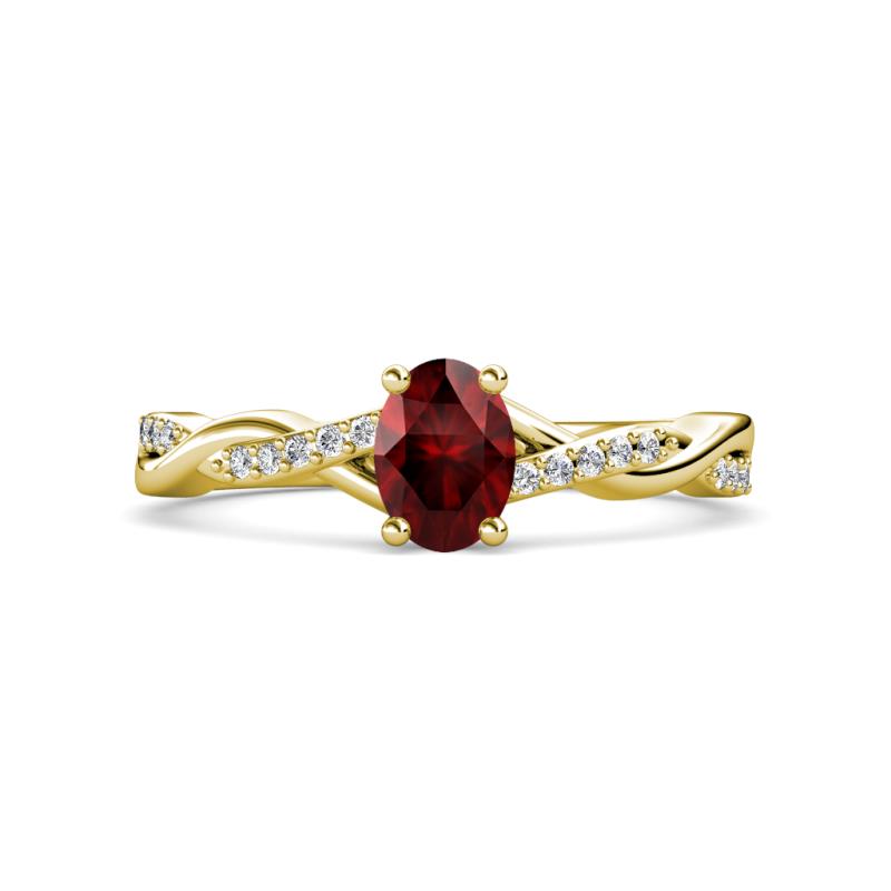 Stacie Desire Oval Cut Red Garnet and Round Lab Grown Diamond Twist Infinity Shank Engagement Ring 