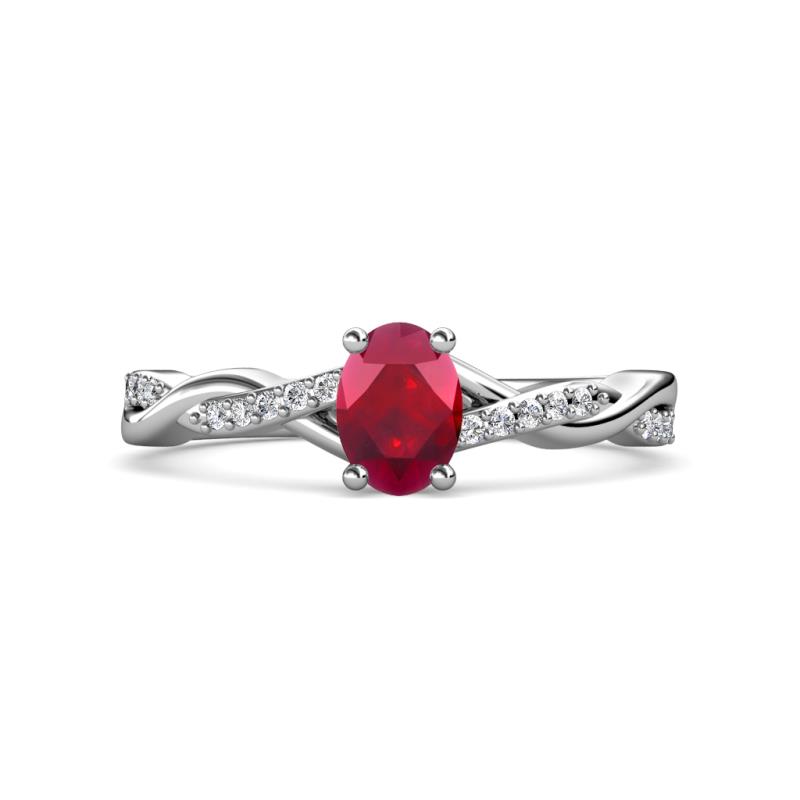 Stacie Desire Oval Cut Ruby and Round Lab Grown Diamond Twist Infinity Shank Engagement Ring 