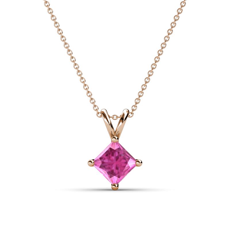 Jassiel 6.00 mm Princess Cut Chatham Created Pink Sapphire Double Bail Solitaire Pendant Necklace 