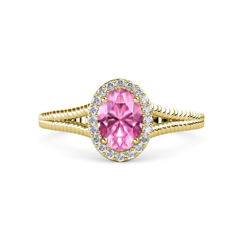 Deborah Desire Oval Cut Pink Sapphire and Round Lab Grown Diamond Twist Rope Split Shank Halo Engagement Ring 