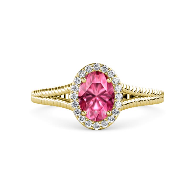 Deborah Desire Oval Cut Pink Tourmaline and Round Lab Grown Diamond Twist Rope Split Shank Halo Engagement Ring 