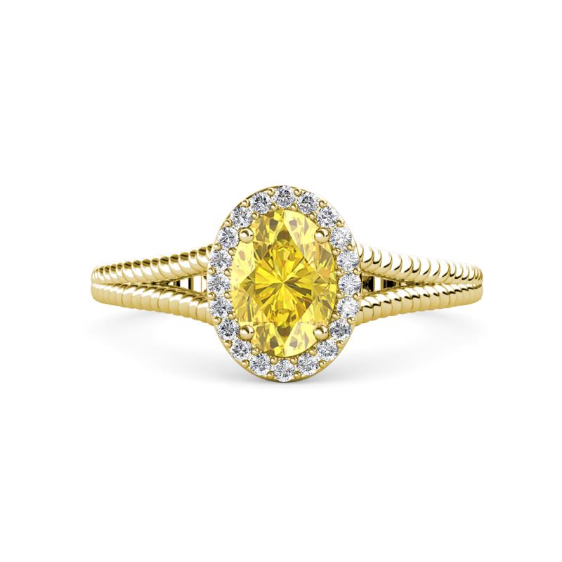 Deborah Desire Oval Cut Yellow Sapphire and Round Lab Grown Diamond Twist Rope Split Shank Halo Engagement Ring 