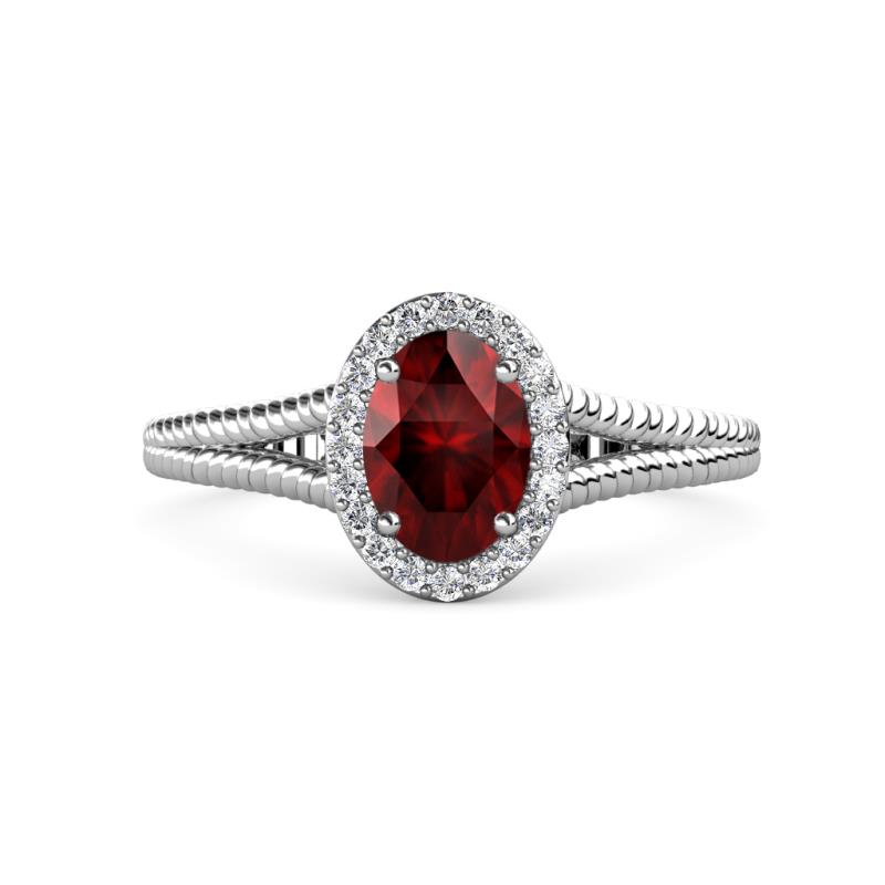 Deborah Desire Oval Cut Red Garnet and Round Lab Grown Diamond Twist Rope Split Shank Halo Engagement Ring 