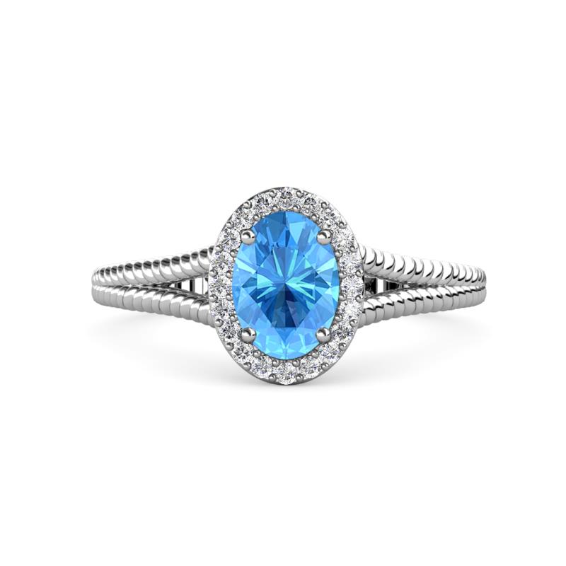 Deborah Desire Oval Cut Blue Topaz and Round Lab Grown Diamond Twist Rope Split Shank Halo Engagement Ring 