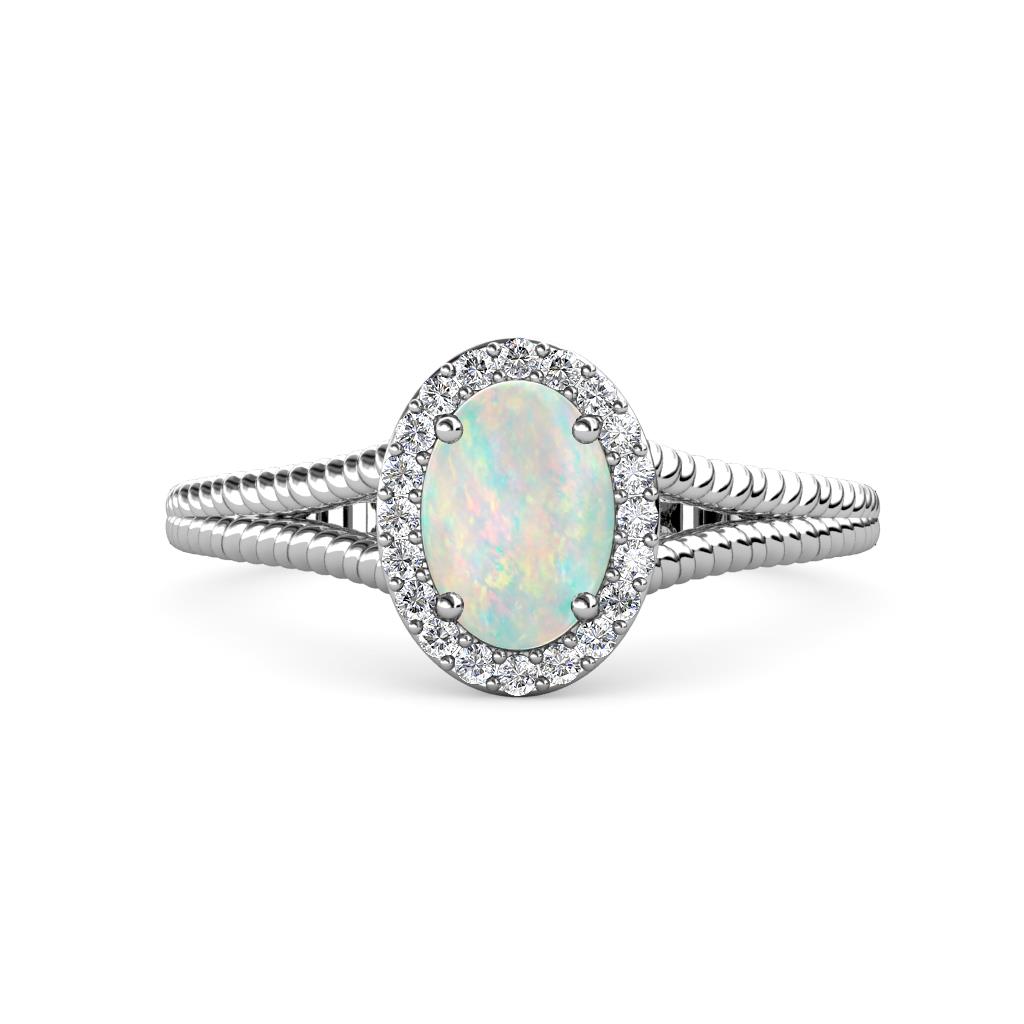 Deborah Desire Oval Cut Opal and Round Lab Grown Diamond Twist Rope Split Shank Halo Engagement Ring 