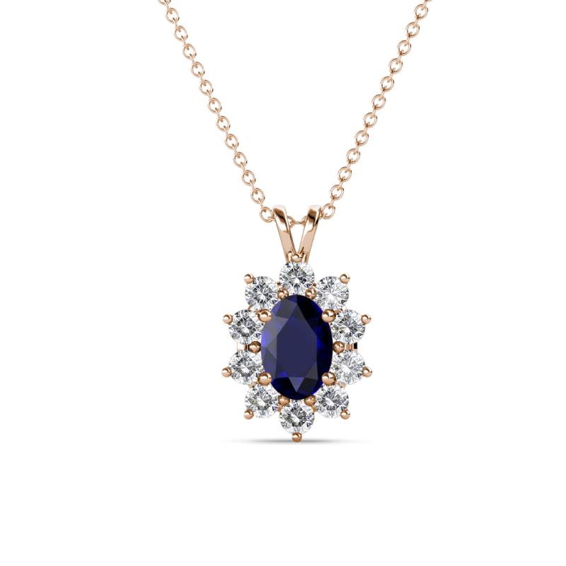 Hazel 6x4 mm Oval Cut Blue Sapphire and Round Diamond Double Bail Halo Pendant Necklace 