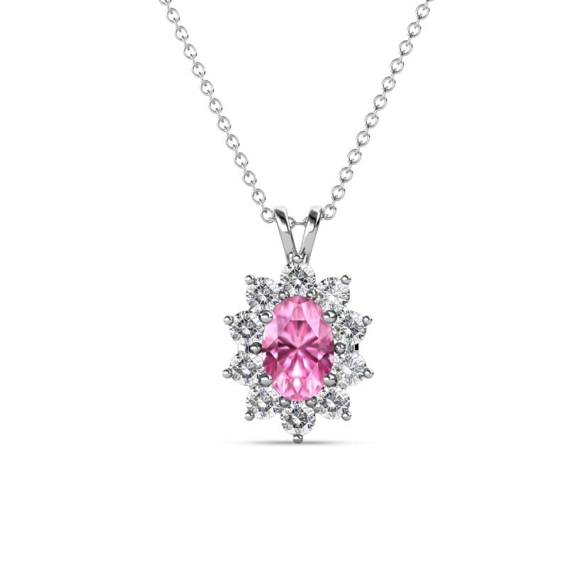 Hazel 6x4 mm Oval Cut Pink Sapphire and Round Diamond Double Bail Halo Pendant Necklace 