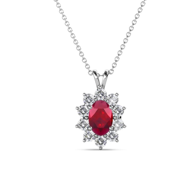 Hazel 6x4 mm Oval Cut Ruby and Round Diamond Double Bail Halo Pendant Necklace 