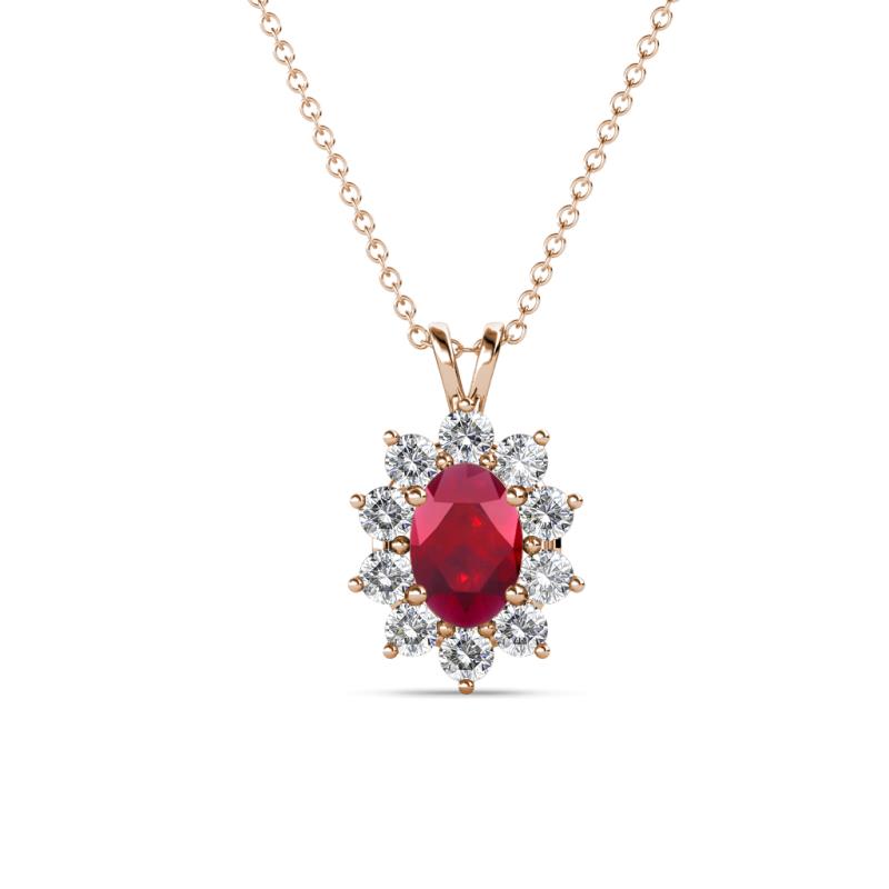 Hazel 6x4 mm Oval Cut Ruby and Round Diamond Double Bail Halo Pendant Necklace 