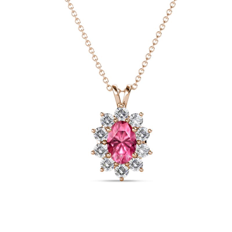 Hazel 6x4 mm Oval Cut Pink Tourmaline and Round Diamond Double Bail Halo Pendant Necklace 