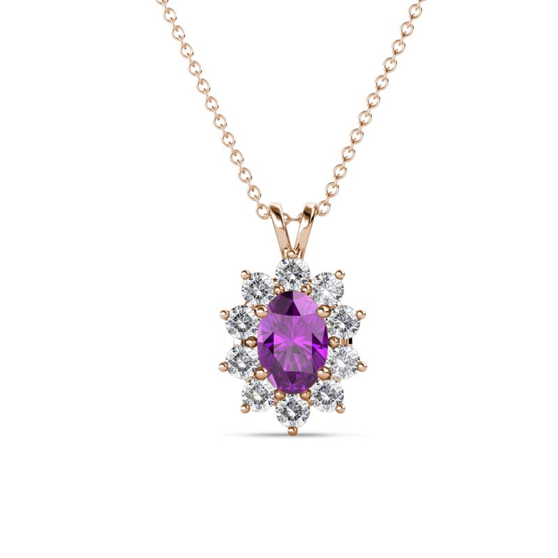 Hazel 6x4 mm Oval Cut Amethyst and Round Diamond Double Bail Halo Pendant Necklace 
