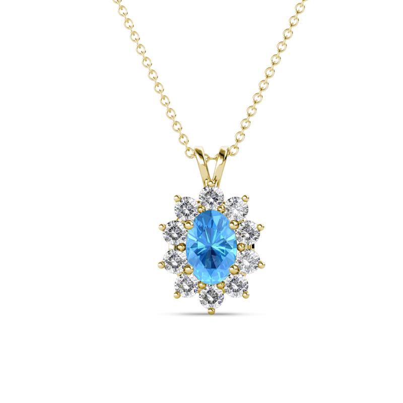 Hazel 6x4 mm Oval Cut Blue Topaz and Round Diamond Double Bail Halo Pendant Necklace 