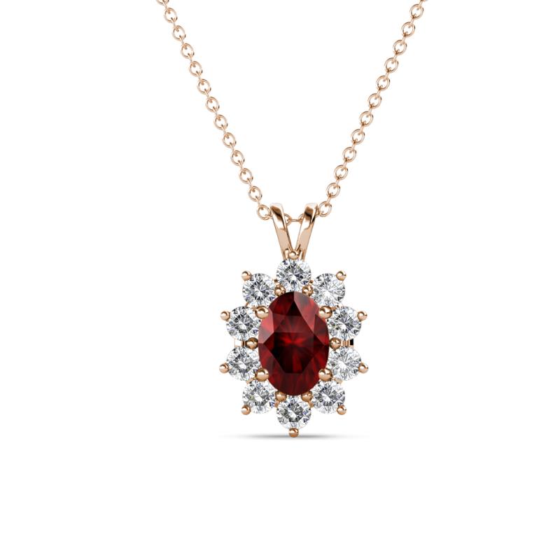 Hazel 6x4 mm Oval Cut Red Garnet and Round Diamond Double Bail Halo Pendant Necklace 