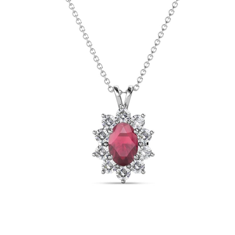 Hazel 6x4 mm Oval Cut Rhodolite Garnet and Round Diamond Double Bail Halo Pendant Necklace 