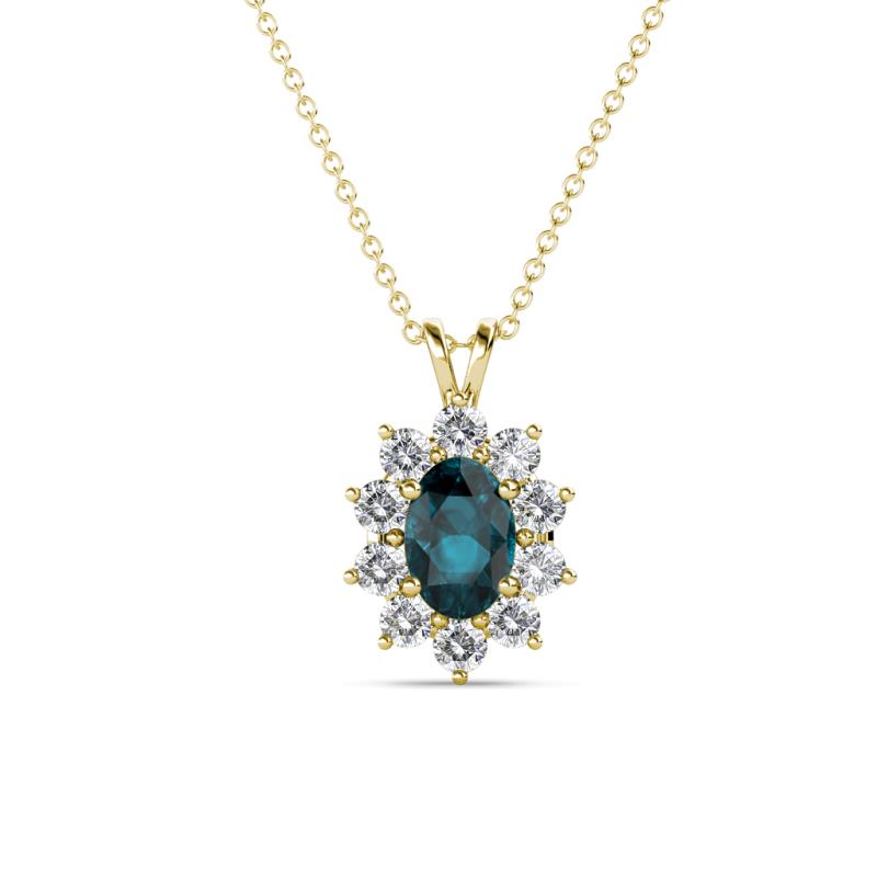 Hazel 6x4 mm Oval Cut London Blue Topaz and Round Diamond Double Bail Halo Pendant Necklace 