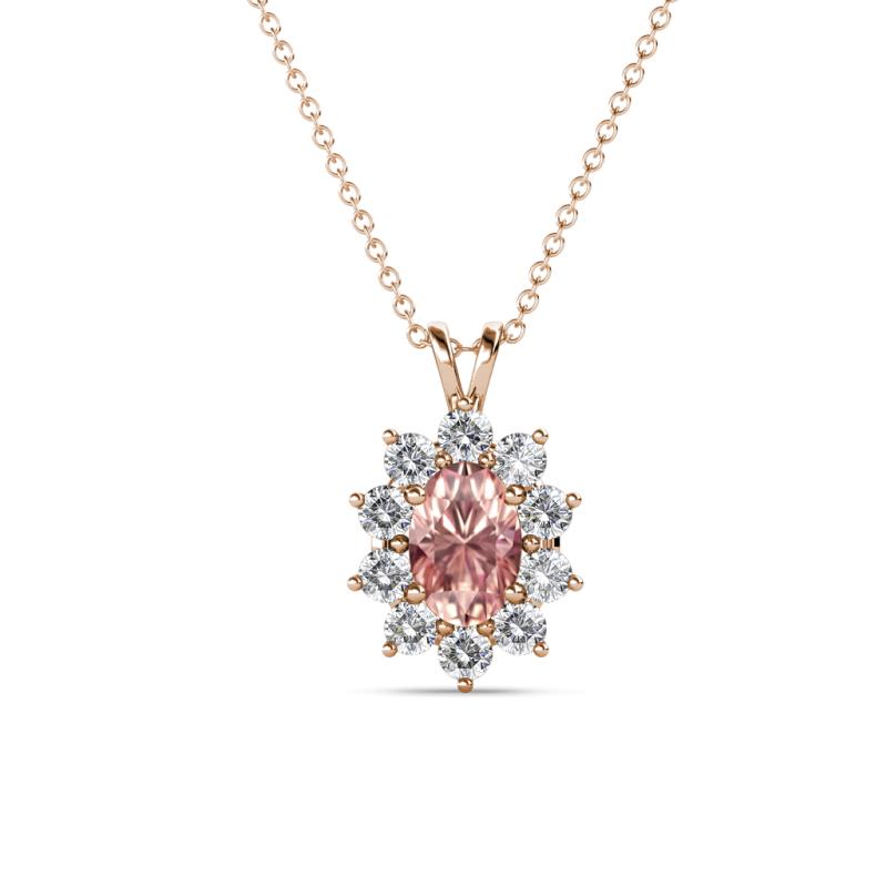 Hazel 6x4 mm Oval Cut Morganite and Round Diamond Double Bail Halo Pendant Necklace 