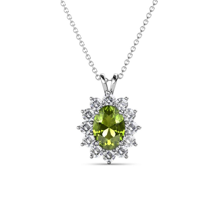 Hazel 7x5 mm Oval Cut Peridot and Round Diamond Double Bail Halo Pendant Necklace 