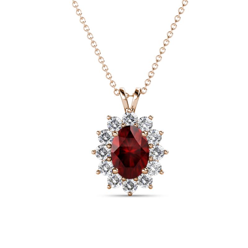 Hazel 7x5 mm Oval Cut Red Garnet and Round Diamond Double Bail Halo Pendant Necklace 