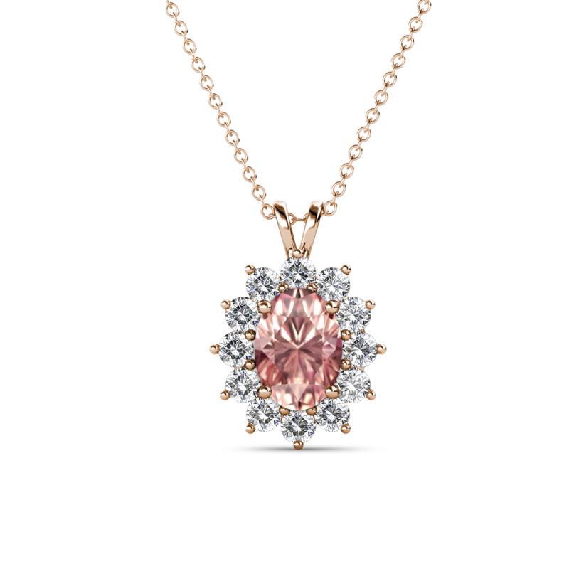 Hazel 7x5 mm Oval Cut Morganite and Round Diamond Double Bail Halo Pendant Necklace 