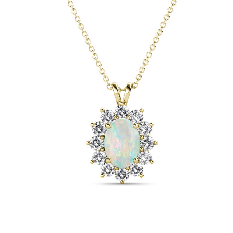 Hazel 7x5 mm Oval Cut Opal and Round Diamond Double Bail Halo Pendant Necklace 