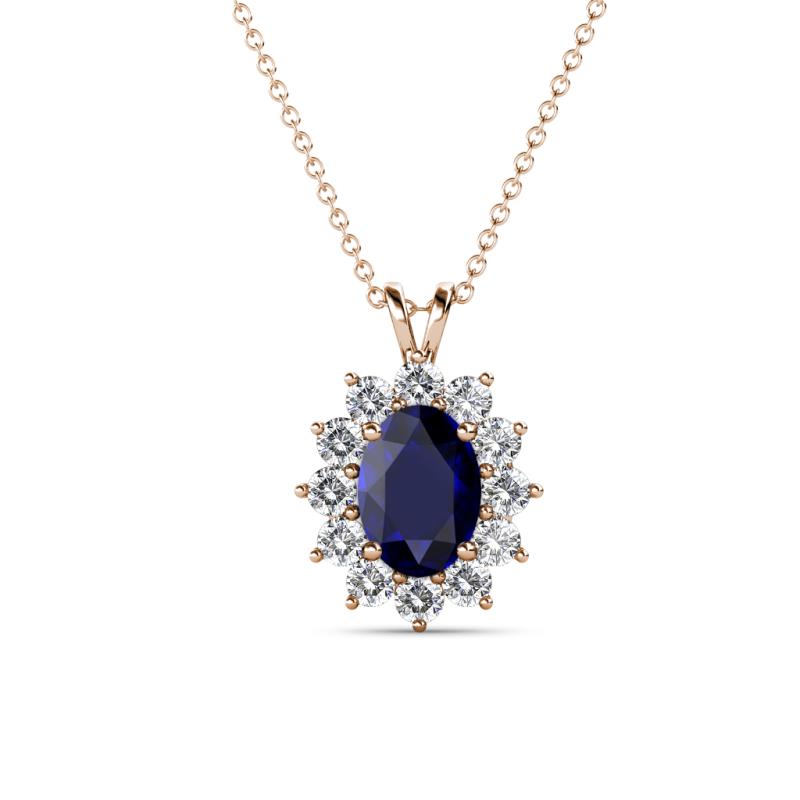 Hazel 7x5 mm Oval Cut Blue Sapphire and Round Diamond Double Bail Halo Pendant Necklace 