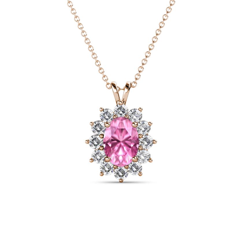 Hazel 7x5 mm Oval Cut Pink Sapphire and Round Diamond Double Bail Halo Pendant Necklace 