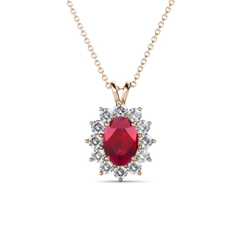 Hazel 7x5 mm Oval Cut Ruby and Round Diamond Double Bail Halo Pendant Necklace 