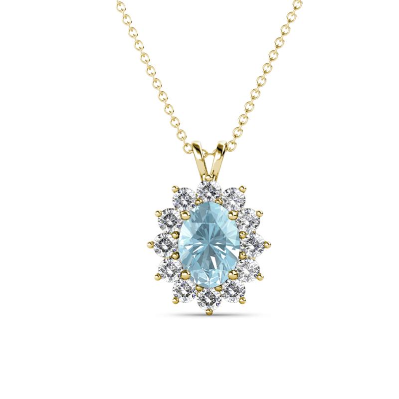 Hazel 7x5 mm Oval Cut Aquamarine and Round Diamond Double Bail Halo Pendant Necklace 