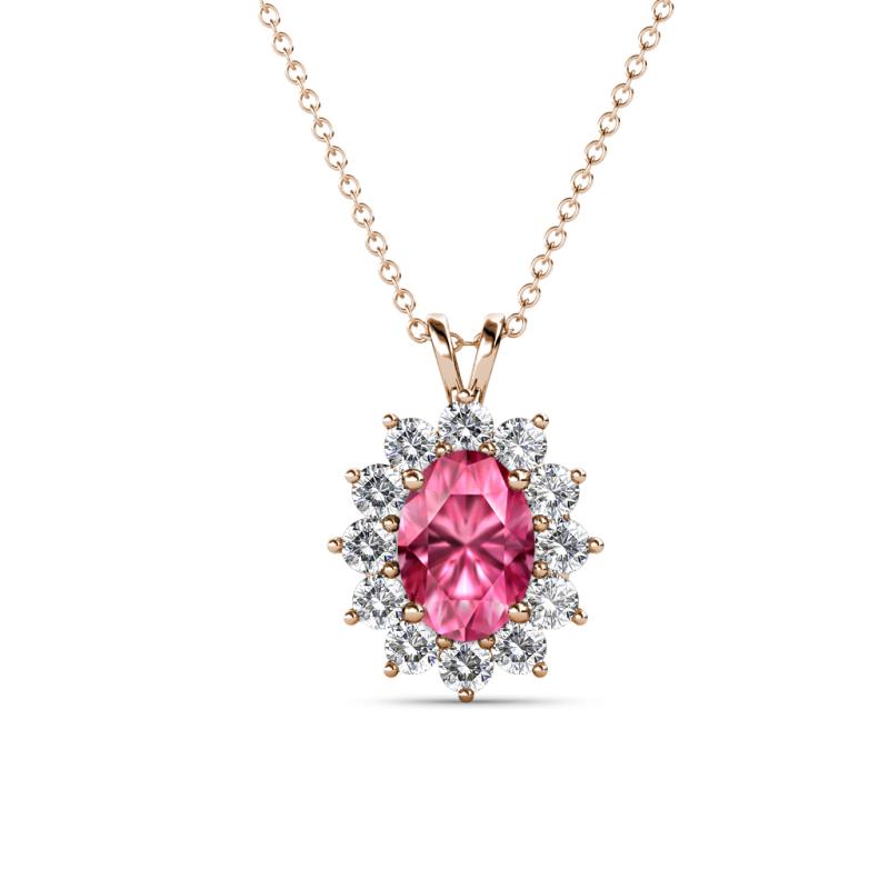 Hazel 7x5 mm Oval Cut Pink Tourmaline and Round Diamond Double Bail Halo Pendant Necklace 