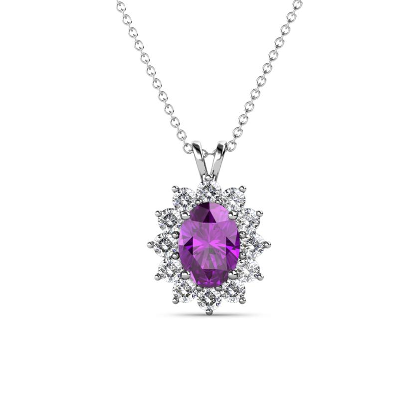 Hazel 7x5 mm Oval Cut Amethyst and Round Diamond Double Bail Halo Pendant Necklace 