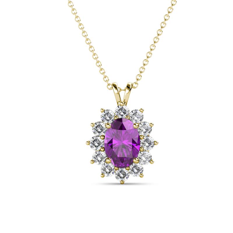 Hazel 7x5 mm Oval Cut Amethyst and Round Diamond Double Bail Halo Pendant Necklace 