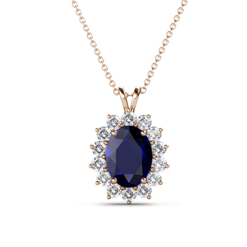 Hazel 8x6 mm Oval Cut Blue Sapphire and Round Diamond Double Bail Halo Pendant Necklace 