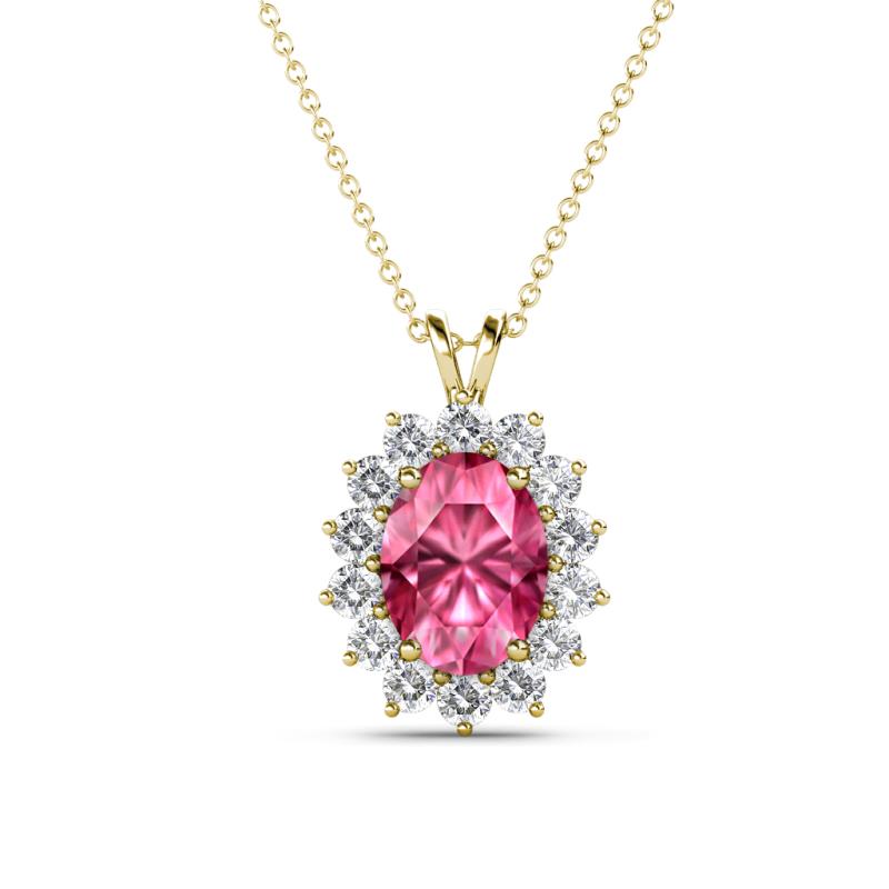 Hazel 8x6 mm Oval Cut Pink Tourmaline and Round Diamond Double Bail Halo Pendant Necklace 