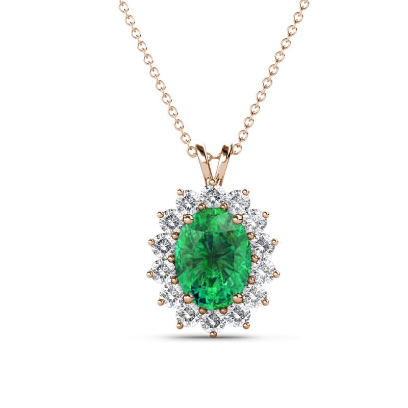Hazel 8x6 mm Oval Cut Emerald and Round Diamond Double Bail Halo Pendant Necklace 