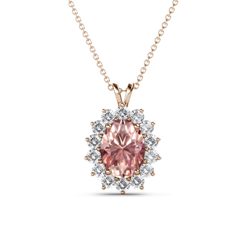 Hazel 8x6 mm Oval Cut Morganite and Round Diamond Double Bail Halo Pendant Necklace 