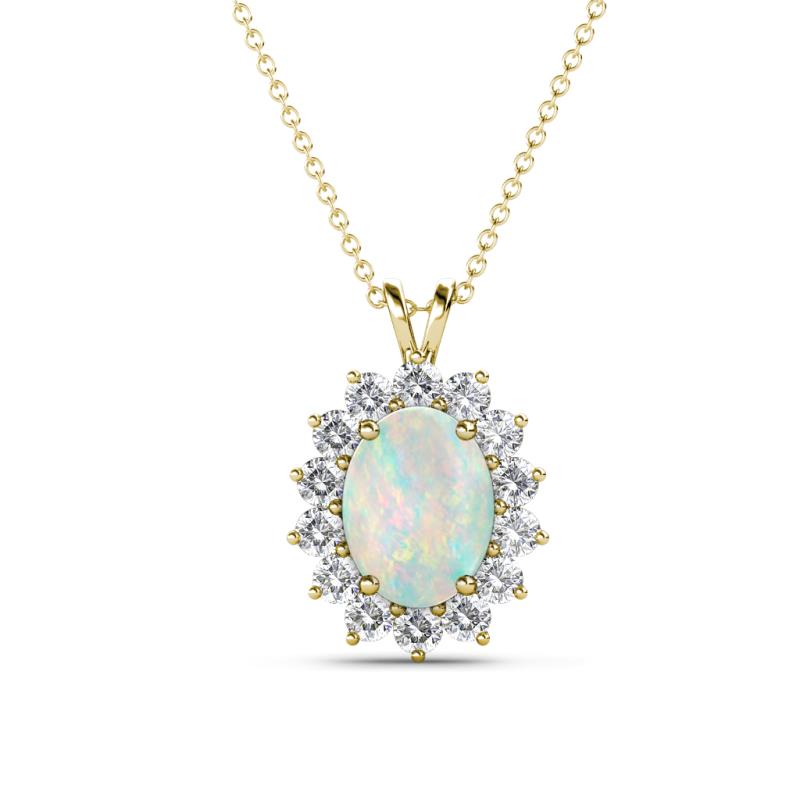 Hazel 8x6 mm Oval Cut Opal and Round Diamond Double Bail Halo Pendant Necklace 