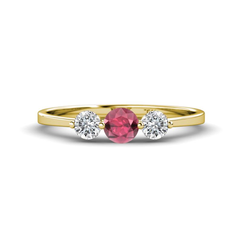 Shirley 5.00 mm Round Rhodolite Garnet and Diamond Three Stone Engagement Ring 